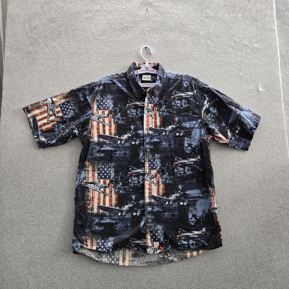 Redhead Men Button Up Shirt L Blue Graphic Aircraft American‎ Flag Casual Shirt